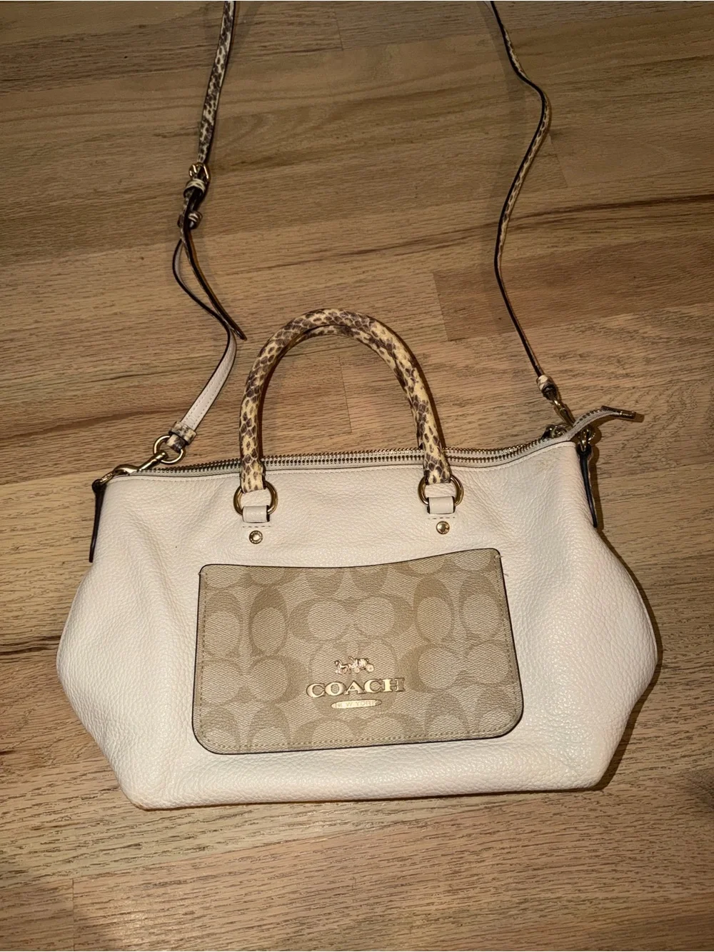 Coach Cream Leather Crossbody Satchel with Signature Canvas Pocket